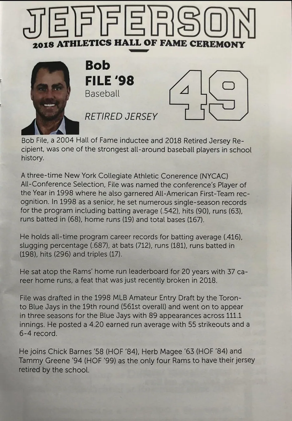 Jefferson Athletics Hall of Fame ceremony program for Bob File.