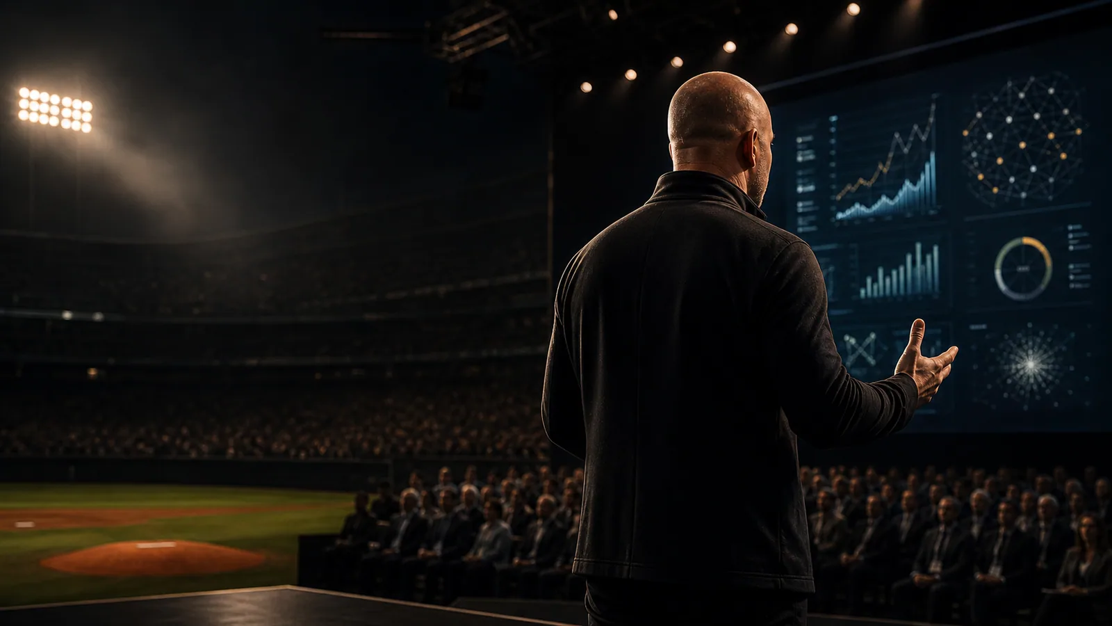 A shaved-head speaker seen from behind on a stage blending baseball stadium lights with an AI presentation screen.